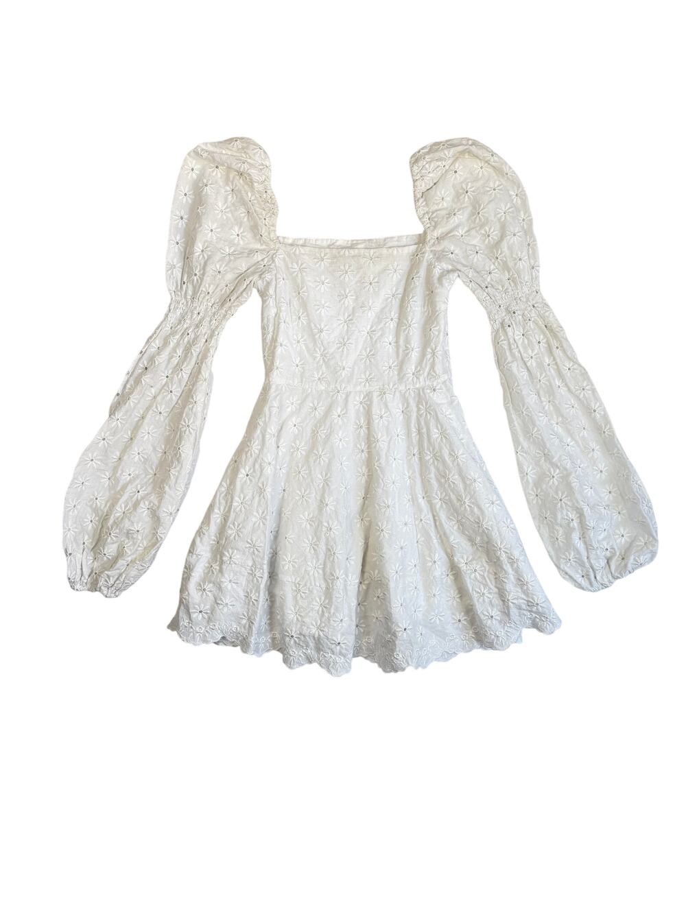 Caroline Constas Cottagecore Mini Wren Eyelet White Puff Sleeve Dress XS